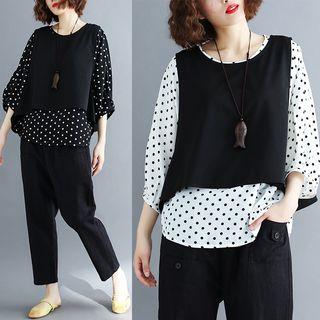 Set: Polka Dot 3/4-sleeve Top + Vest