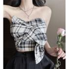 Bow Plaid Strapless Top Top - Plaid - Black & Almond - One Size