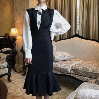 Plain Long-sleeve Loose-fit Shirt / Denim Jumper Dress
