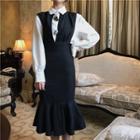 Plain Long-sleeve Loose-fit Shirt / Denim Jumper Dress