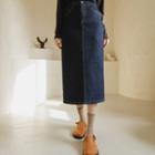 Fleece-lined Midi Denim Skirt