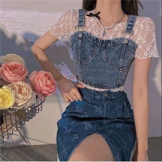 Short-sleeve Lace Top / Denim Cropped Camisole Top