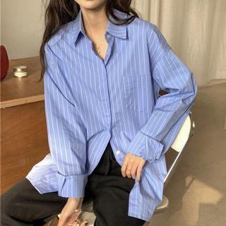 Long-sleeve Pocket-detail Striped Shirt Blue - One Size