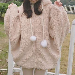 Ear Accent Furry Hoodie Khaki - One Size