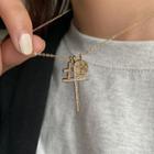 Cross & Smiley Pendant Rhinestone Necklace Gold - One Size