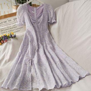 Embroidered Ruched Midi Dress