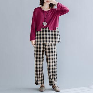 Set: Long-sleeve Plaid Panel T-shirt + Wide-leg Pants