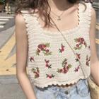 Floral Embroidered Cropped Knit Camisole Top As Shown In Figure - One Size