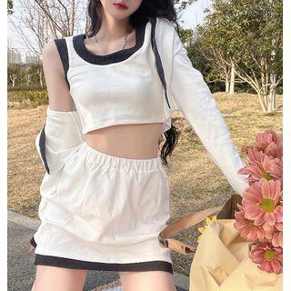 Set: Two-tone Light Jacket + Cropped Tank Top + Mini Skirt
