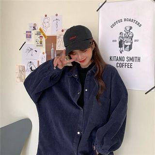 Plain Loose-fit Single-breasted Long-sleeve Corduroy Blouse