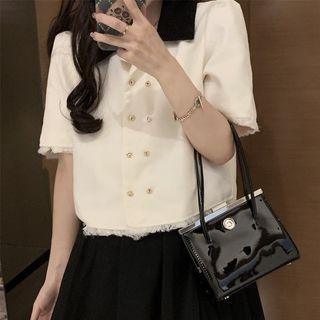 Short-sleeve Fringed Trim Shirt / Mini Pleated Skirt