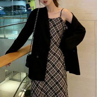 Pocket Detail Blazer / Plaid Midi Spaghetti Strap Dress