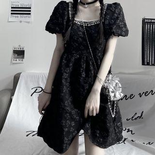 Set: Puff-sleeve Jacquard Mini A-line Dress + Bucket Hat