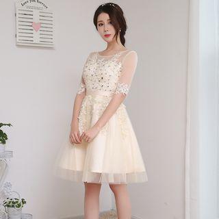 Embroidered Lace Elbow-sleeve Cocktail Dress