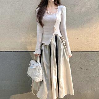 Lettuce Edge Asymmetrical Knit Top / Striped Midi A-line Skirt