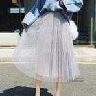 Embellished Midi A-line Pleated Mesh Skirt