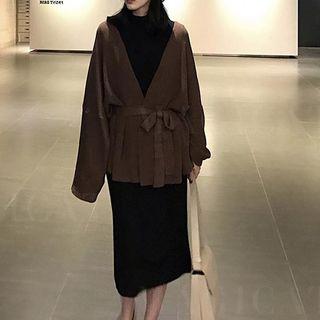 Set: Tie-waist Oversize Open Front Cardigan + Mock-neck Long-sleeve Midi T-shirt Dress