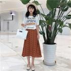 Set: Short-sleeve Lettering T-shirt + Dotted Midi Skirt