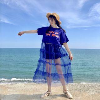 Short-sleeve Lettering Midi Mesh Dress