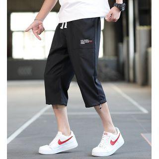 Lettering Drawstring-cuff Cropped Straight-cut Pants