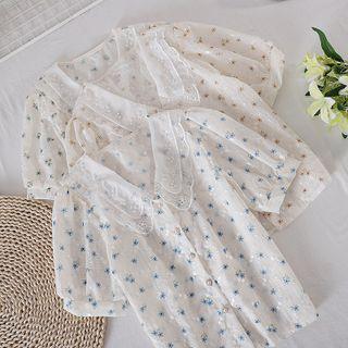 Lace Collar Panel Floral Puff-sleeve Top