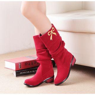 Bow Embroidered Block Heel Mid-calf Boots