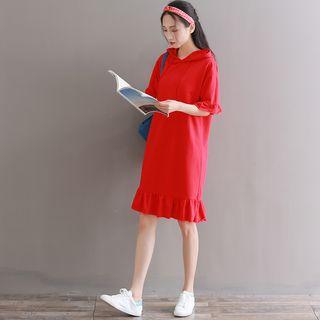 Elbow-sleeve Frill Trim Hoodie Dress