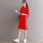 Elbow-sleeve Frill Trim Hoodie Dress