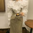 Frill Trim Shirt / Plaid Suspender Dress