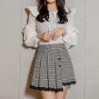 Set: Puff-sleeve Blouse + Plaid Lace Trim Mini A-line Skirt