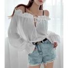 Off-shoulder Drawstring-trim Blouse White - One Size