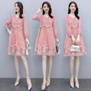 Long-sleeve Lace Flower Embroidered A-line Dress