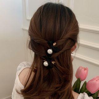 Faux Pearl Bow Hair Clip 1 Pair - Black & Gold - One Size