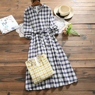 Plaid Elbow-sleeve Midi A-line Dress