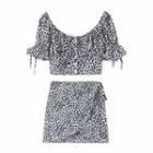 Set: Short-sleeve Leopard Print Blouse + Mini A-line Skirt