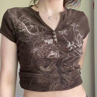 Printed V Neck Button-up Cropped Short Sleeve Top