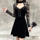 Long-sleeve Mock-neck Lace Panel Mini A-line Dress
