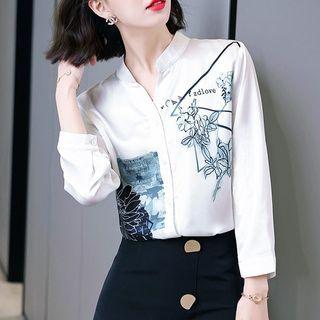 Long-sleeve Flower Print V-neck Blouse