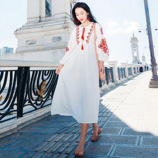Balloon-sleeve Floral Embroidered Midi A-line Dress