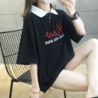 Polo-neck Lettering Elbow-sleeve T-shirt