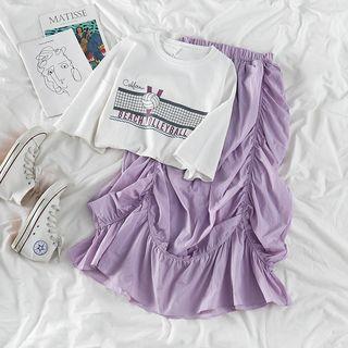 Print Short-sleeve Loose-fit T-shirt / Shirred Midi Skirt