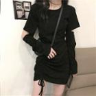 Long-sleeve Cut-out Drawstring Mini Sheath Dress Black - One Size