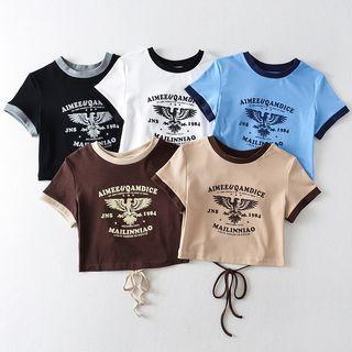 Short-sleeve Contrast Trim Tie-strap Cropped Print T-shirt