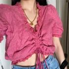 Ruffle Trim Short-sleeve Drawstring Cropped Blouse / Denim Mini A-line Skirt