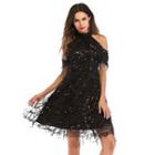 Cold-shoulder Sequined Midi A-line Dress
