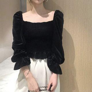 Puff-sleeve Ruffled Velvet Blouse Black - One Size