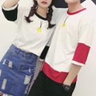 Couple Matching Embroidered Color Panel Elbow Sleeve T-shirt