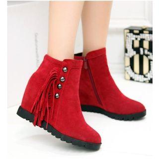 Faux Suede Studded Tassels Hidden Wedge Ankle Boots