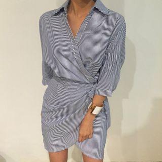 Elbow-sleeve Striped Wrap Mini Shirtdress