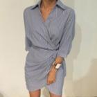 Elbow-sleeve Striped Wrap Mini Shirtdress